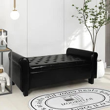 51" Storage Bench with Ottoman End of Bed Upholstered Faux Leather Couch Black