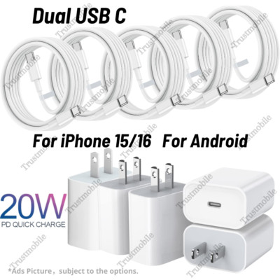 20W PD USB C Fast Charge Cube Type C Cable Lot For iPhone 15 16 Pro Max Samsung
