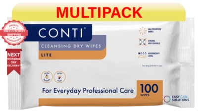 12 x Conti Lite Large Patient Vernacare Dry Wipes - 30 x 28 cm - 12 Packs of 100