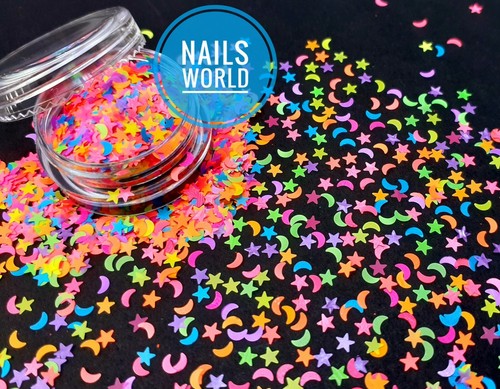 STAR HALF MOON Neon Nail Art Glitter 3D Sequins Decoration Summer Holiday UK - Picture 4 of 4