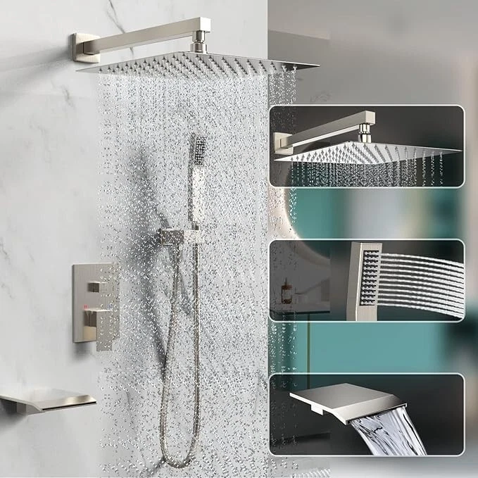 Wall Mounted 12'' Rainfall Shower System with Waterfall Tub Spout Bathtub Faucet - Image 4 of 4