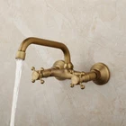 Antique Brass Bathroom Sink Faucet Dual Cross Handle Wall Mounted Mixer Tap