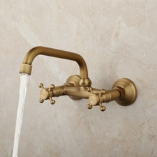 Antique Brass Bathroom Sink Faucet Dual Cross Handle Wall Mounted Mixer Tap