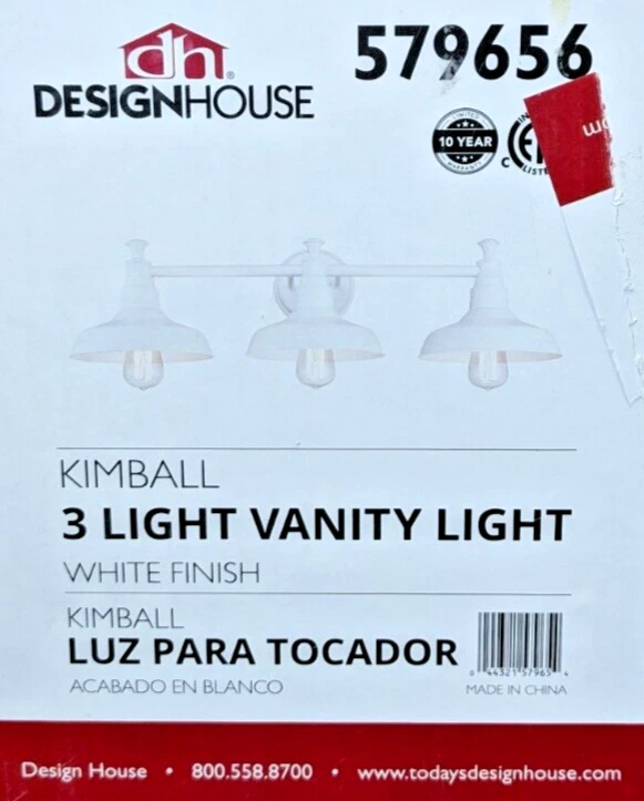 DISEÑO CASA ILUMINACIÓN KIMBALL 3 LUCES BLANCO GRANJA TOCADOR 31"W X 8.3"H 579656 Foto 3 de 4