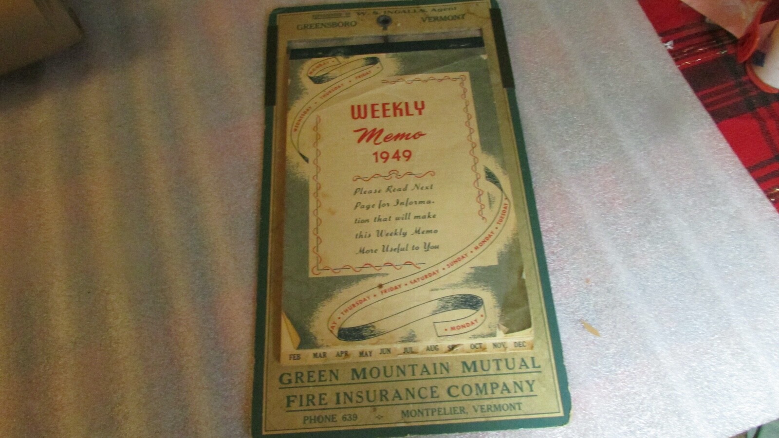 1949 WEEKLY MEMO CALENDAR AND ADVERTISEMENT FOR VT. LIFE INSURANCE CO ...