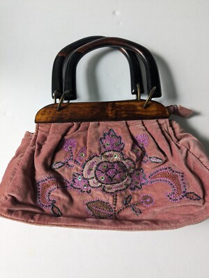 Y2K Avon Mauve Pink Velvet Beaded Handbag Wood Handles Embroidered Unique Beauty