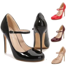 Women 12cm Stiletto High Heels Mary Jane Shoes Patent Leather Pumps Ankle Strap