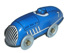 Vintage Schylling Blue Tin Wind-Up Boat Tail Racer / Race Car Works "No Key" S9