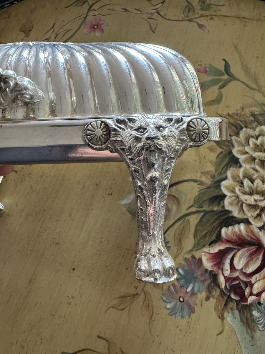 米国老舗 F.B. Rogersの銀のライオン足とライナー付 バターディッシュ Vtg FB Rogers Silver Plated Butter Dish Swing Dome Top Lion Head