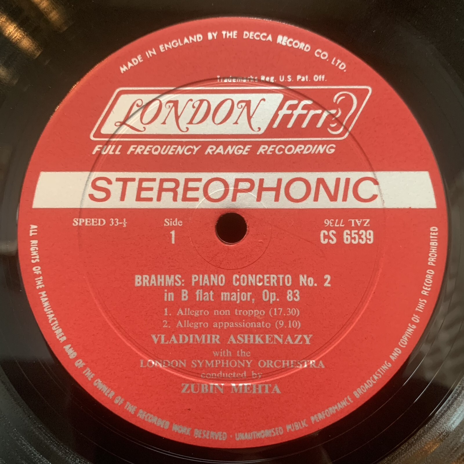 LONDON CS 6539 BRAHMS Piano Concerto 2 ASHKENAZY, Mehta ST LP DG