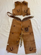1960s Child s Western Cowboy Suede Leather Chaps Vest Lasso 'em Bill 12 Keystone