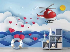 3D Paper Cutout Airplane Clouds Ocean Wall Murals Wallpaper Murals Wall Sticker