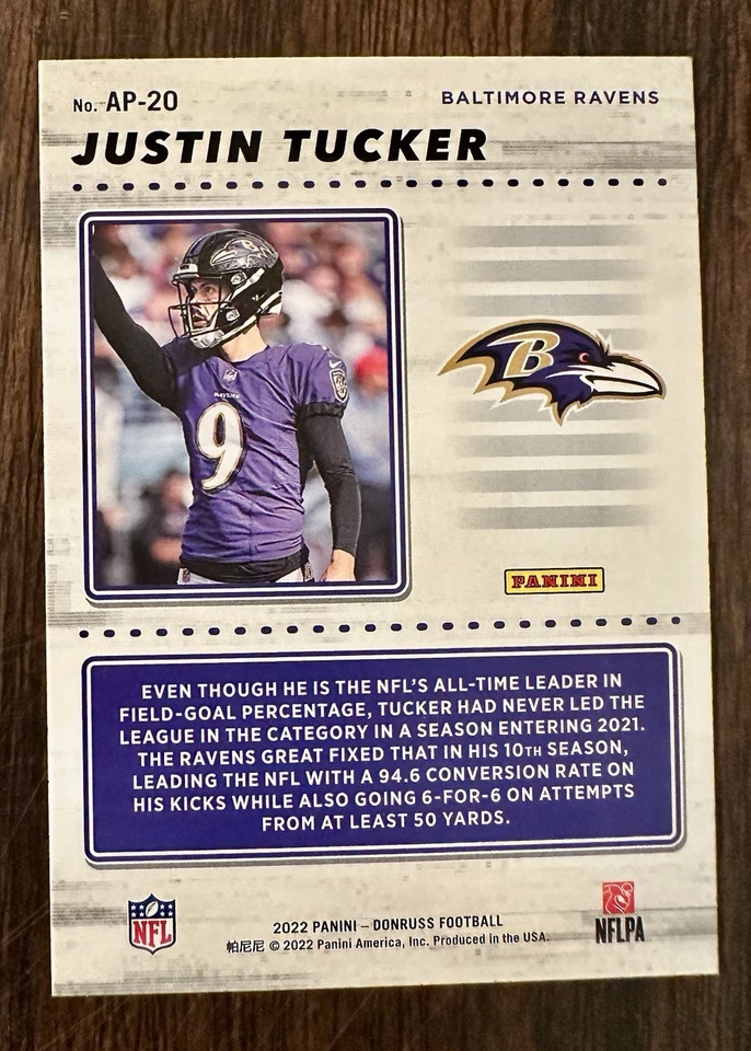 2022 Donruss Action All-Pros Insert Justin Tucker Baltimore Ravens - Image 2 of 2