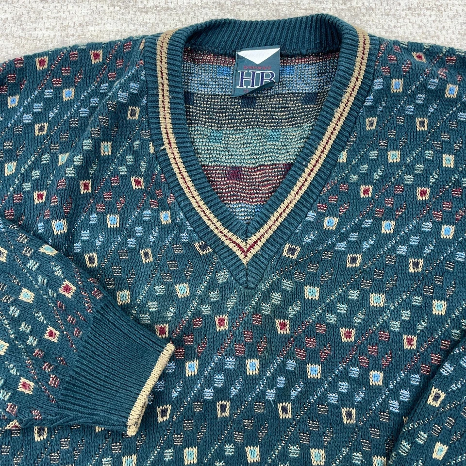 Suéter Vintage Abuelo Hombres XXL 2XL Verde Tejido Pesado Años 90 Profundo Cuello en V Cricket Foto 2 de 4