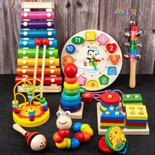 9in1 Wooden Montessori Musical Toy Set Sensory Rattle Drum Toddler Toy