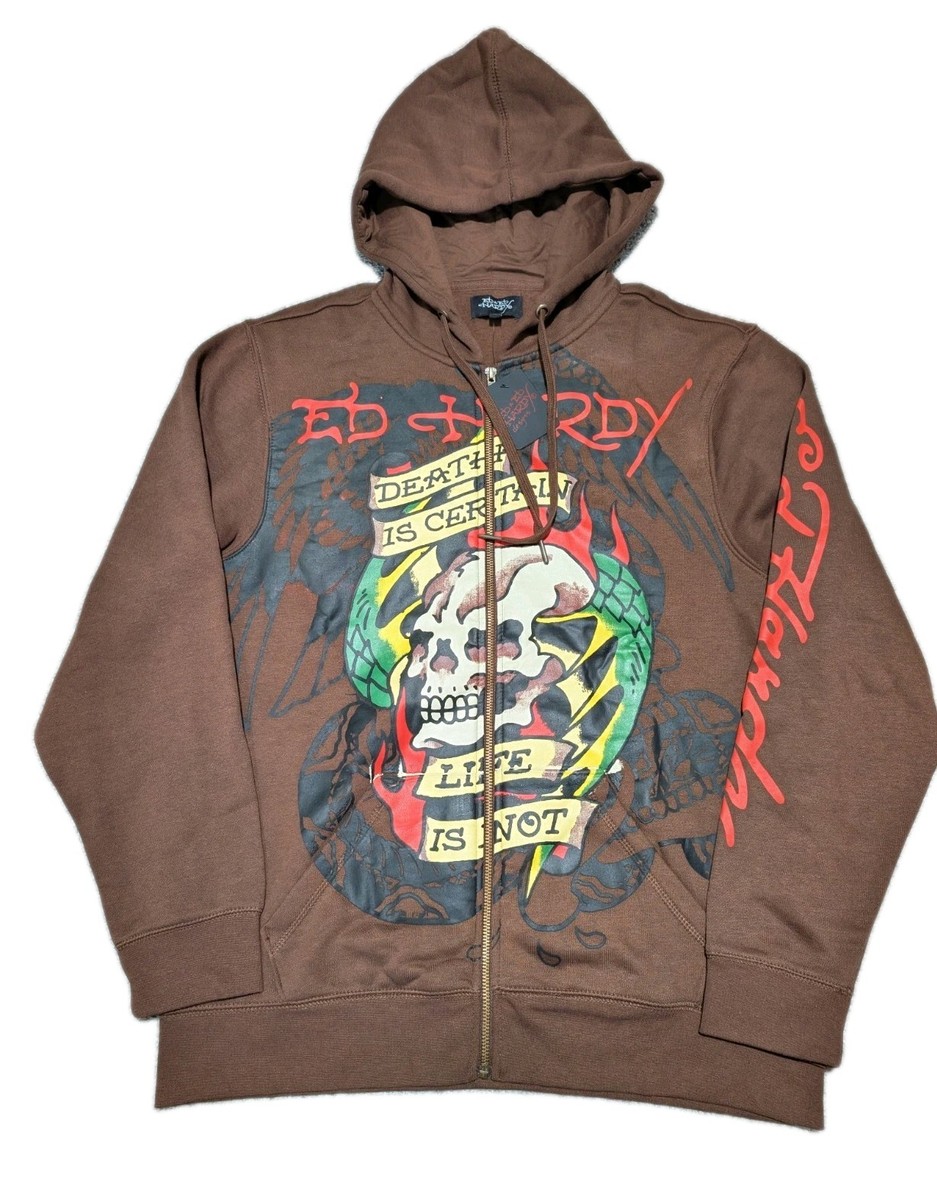 ED HARDY “Death is Certain Life is Not” Brown Zip Up Jacket Hoodie