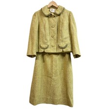 1950s Vintage Tweed Skirt Suit Yellow Green Silk Wool Librarian Core Womens M