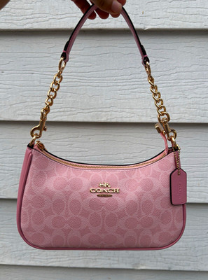 Coach Pink Signature Canvas Teri Shoulder Bag with Gold Hardware