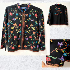 VTG 90's Wearable Art VIBRANT EMBROIDERED FLORAL/Black Cotton JACKET BLAZER PM