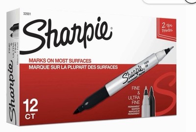 Sharpie 32001 Twin Tip Permanent Markers Fine and Ultra Fine 12 Piece - Black
