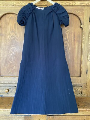 navy blue dress for baby girl Marni midi dress 44 6 8 M lightweight navy blue wool puff pleated sleeve A  line