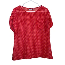 Liz Claiborne Blouse Women's Petite Medium Red Geometric Sheer Printed Top