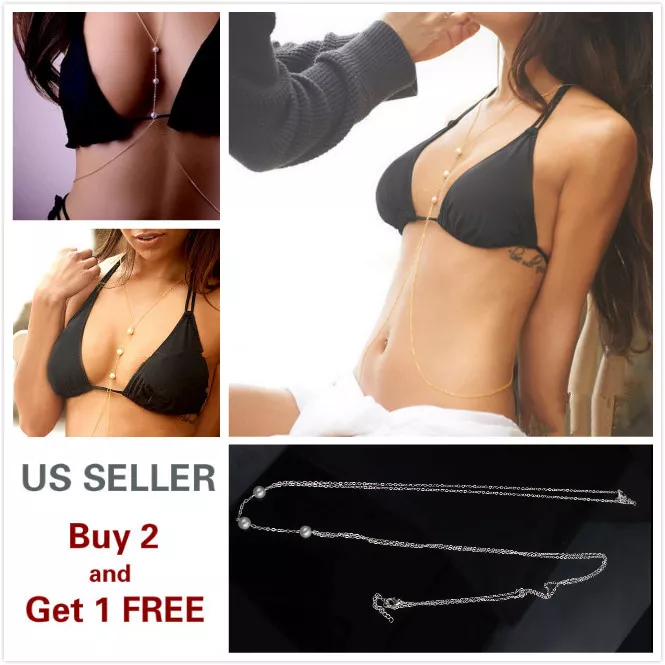 Body Chains Full Metal Chest Breast Bikini Bra chain Style B Gold Pearl