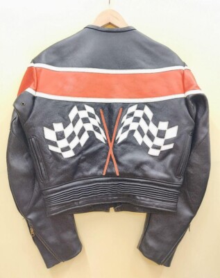 VANSON Motorcycle Riders Leather Jacket Black Orange Men's Size 38