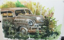OLD CAR IN THE BUSH ORIGINAL WATERCOLOR LANDSCAPE PAINTING UNSIGNED