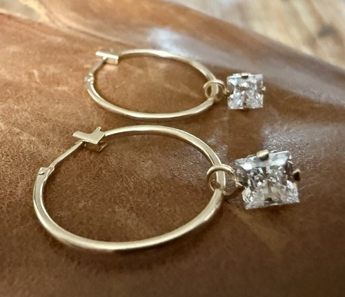 Pretty Vintage JTS 10K Yellow Gold Dangle White Zircon Hoop Hinged Back Earrings - Picture 18 of 20