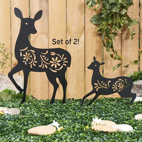 Set of 2 Deer Silhouette Garden Stake Black Metal Outdoor Yard Home Art Decor - Picture 3 of 4