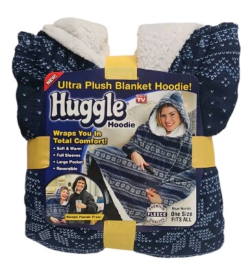 Huggle Hoodie Plush Hooded Robe Fleece Pullover Blanket Blue Nordic New