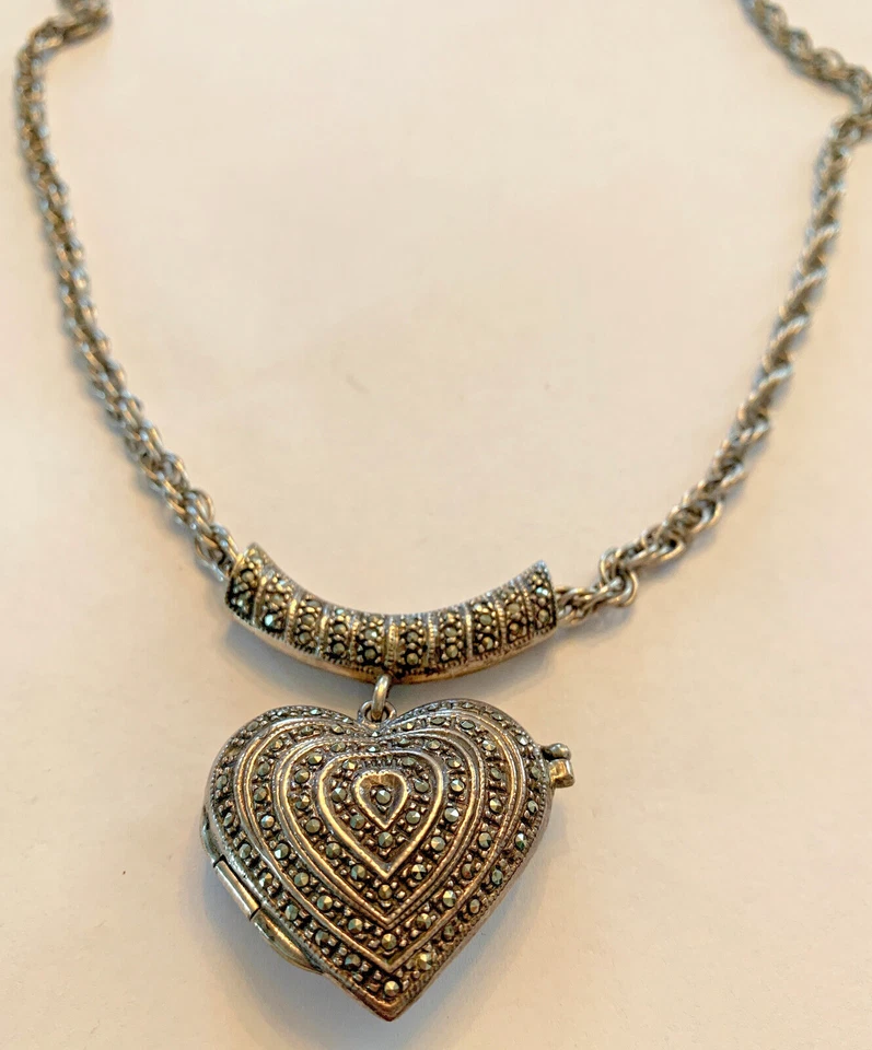 Heavy Vintage 29" Heart Locket Pendant Necklace Marcasite & Sterling Silver WOW - Image 3 of 4