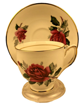 Duchess Teacup & Saucer Red Roses Gold Rim Bone China England c1990
