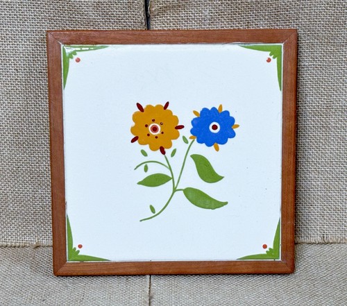 Vintage Dick Reese Floral Tile & Wood Trivet Handmade Whimsical Cottage Core