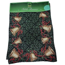 Christmas Bells Woven Tapestry Table Runner 13" x 72" Windham Home Green Gold