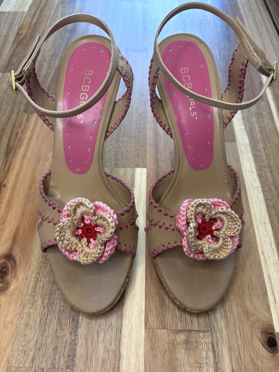 BCBG GIRLS GALIAN PINK LEATHER CROCHET BOW CORK PLATFORM SANDALS PUMPS S7 /  37 | eBay