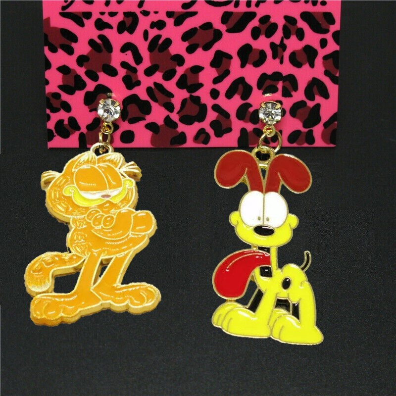 Betsey Johnson Mismatch Crystal Garfield Odie Gold Dangle Earrings Free Gift Bag