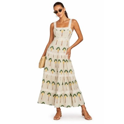 NWT Calypso St. Barth Cotton Palm Tree Tiered Maxi Dress Vacation Resort L New