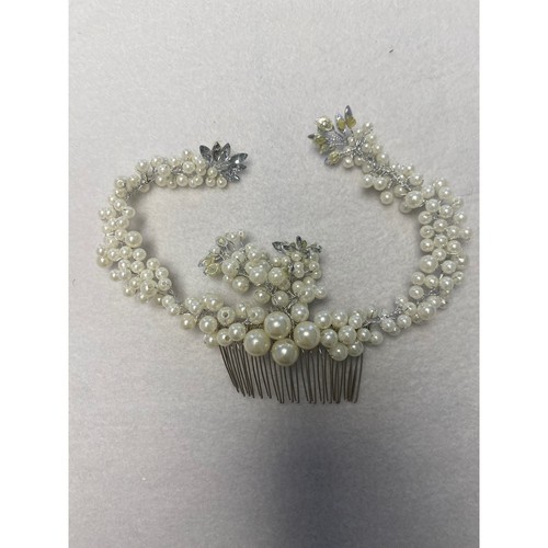 Bridal Pearl Rhinestone Hair Comb Tiara Wedding Hair Accessory Silver Tone