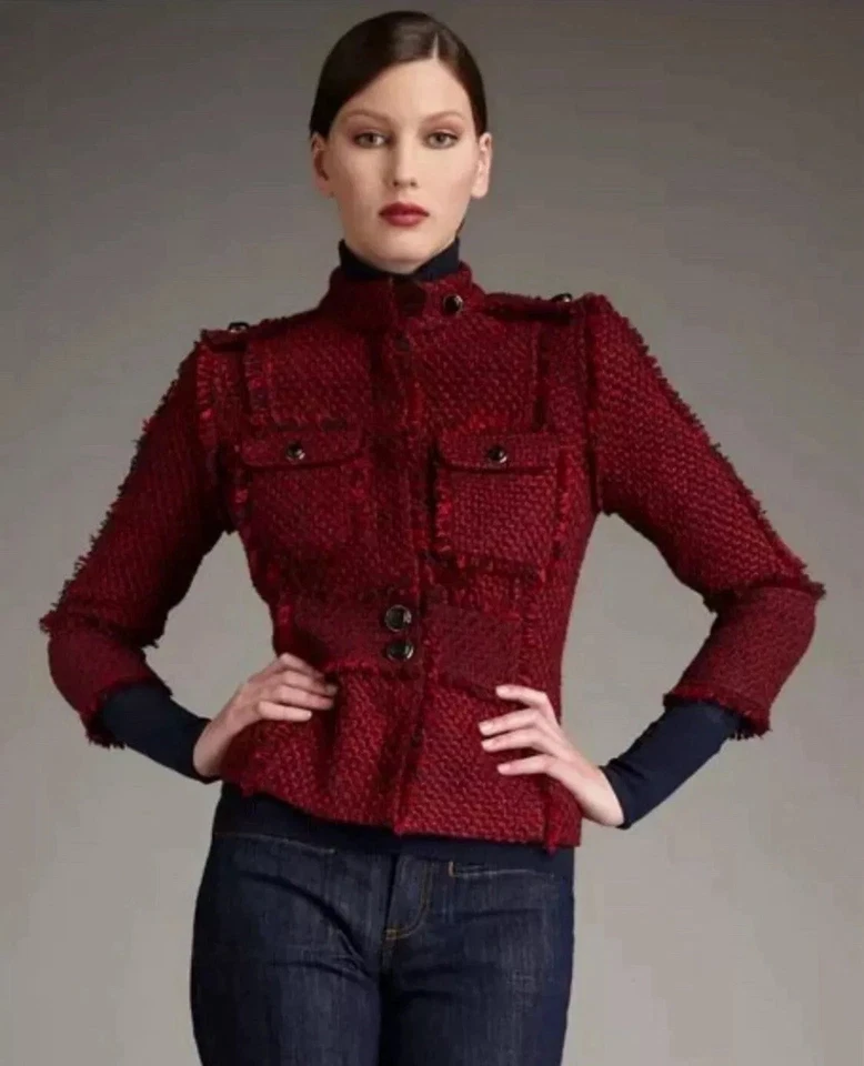 Tory Burch Kington Tweed Jacket Women Red Travel Preppy Jacket, Holiday Coat~10 - Image 4 of 4
