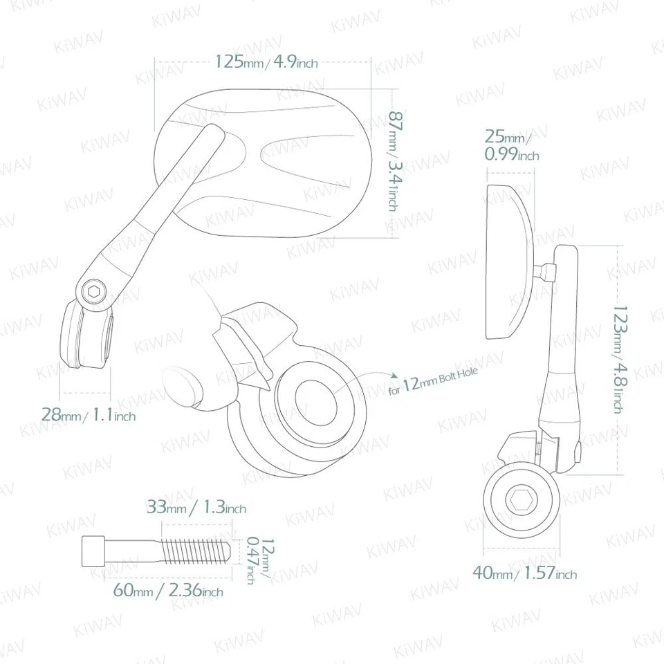 Espejo retrovisor de extremo de barra pagado de servicio estadounidense FUERTE CUADRADO negro ovalado perno M12 para BMW F 800 R HP4 Foto 2 de 4