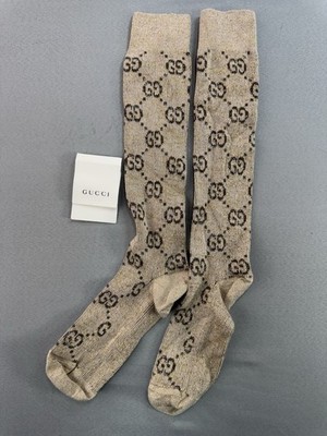 New Authentic Gucci GG Supreme Logo Glittery Socks Brown