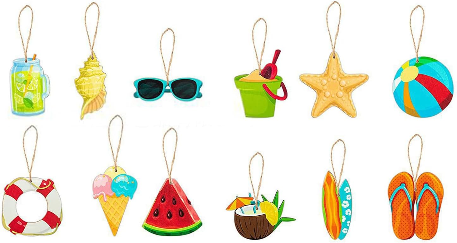 Summer Decorations Hanging Wooden Ornaments for Tree, 12Pcs Hawaiian Luau Party