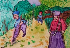 ACEO Original - Old People Hard Life in Mountain - Watercolor 2.5 x 3.5 Signed
