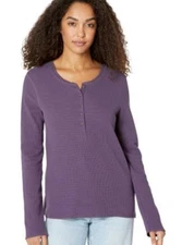 PACT Women Shirt Purple Waffle Knit Thermal Henley Organic Cotton LS Button sz L