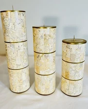 MAITLAND SMITH CandleStick Column Brass & beige Marble Candle Holder Set. (3) 