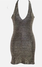 Topshop Gold Metallic Knit Stretch Bodycon Evening Dress Uk 6.
