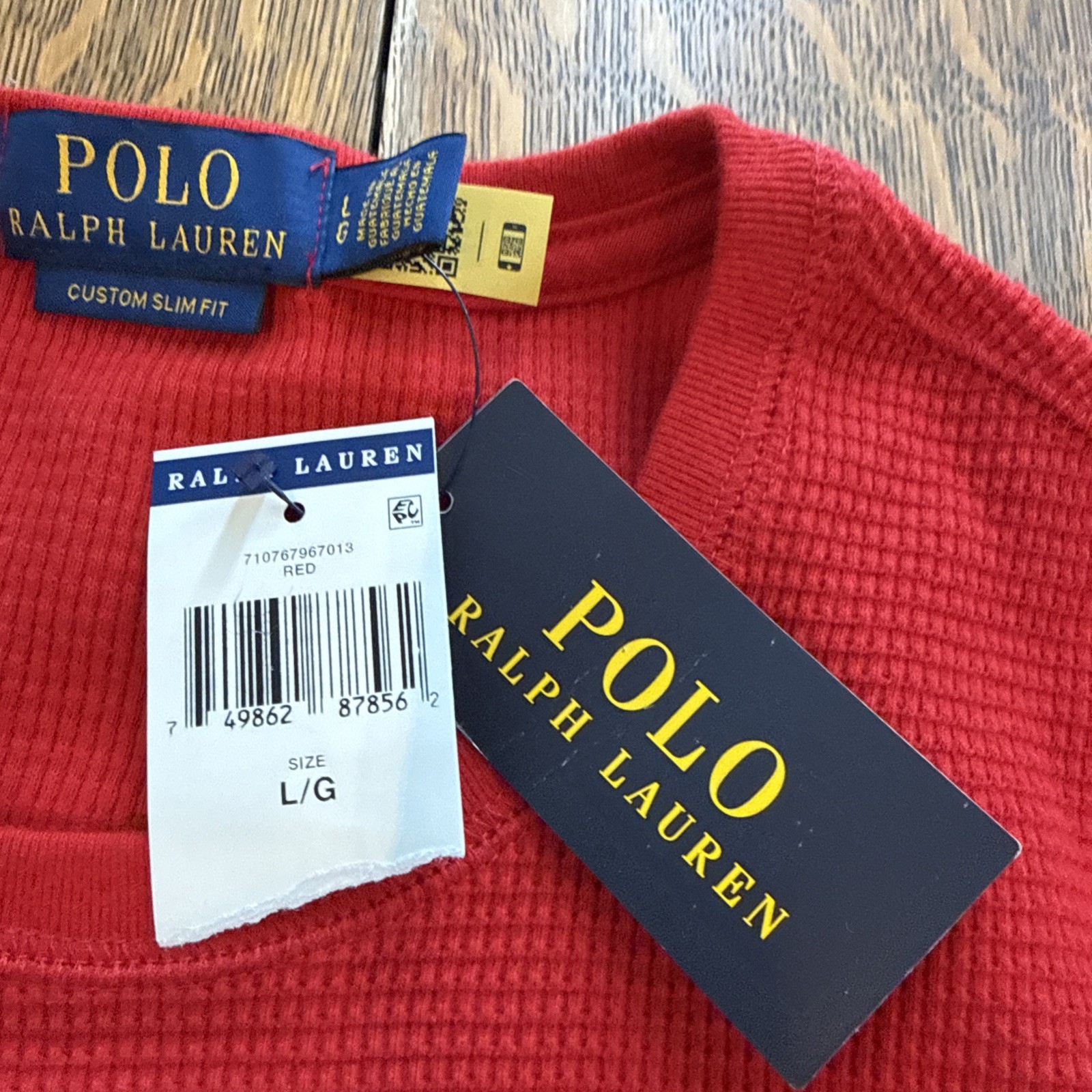 Polo Ralph Lauren Mens Thermal Shirt Large Slim Fit Red  Long Sleeve Waffle Knit thumbnail 5