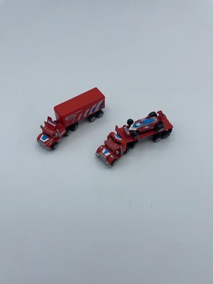 Micro Machines Race Team Semi Box Truck & Race Car On Flatbed Truck